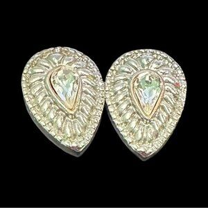 Vintage Silver-Tone Pierced Earrings With Clear Teardrop Rhinestone Accents